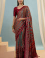 Vestigial Red Ajrakh Printed Semi Modal Silk Saree With Scrumptious Blouse Piece