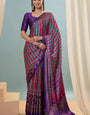 Luminous Purple Ajrakh Printed Semi Modal Silk Saree With Delightful Blouse Piece
