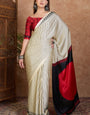 Devastating Off White Ajrakh Printed Semi Modal Silk Saree With Entrancing Blouse Piece