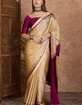 Captivating Beige Ajrakh Printed Semi Modal Silk Saree With Majestic Blouse Piece