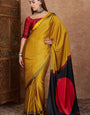 Unique Yellow Ajrakh Printed Semi Modal Silk Saree With Gorgeous Blouse Piece
