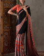 Resonant Black Ajrakh Printed Semi Modal Silk Saree With Fairytale Blouse Piece