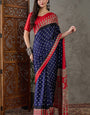 Panache Navy Blue Ajrakh Printed Semi Modal Silk Saree With Quintessential Blouse Piece