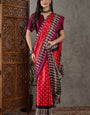 Intricate Red Ajrakh Printed Semi Modal Silk Saree With Glamorous Blouse Piece