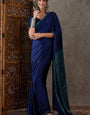Charming Navy Blue Ajrakh Printed Semi Modal Silk Saree With Ratatouille Blouse Piece