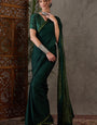 Bucolic Dark Green Ajrakh Printed Semi Modal Silk Saree With Dazzling Blouse Piece