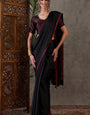 Super classy Black Ajrakh Printed Semi Modal Silk Saree With Girlish Blouse Piece