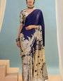 Magnetic Navy Blue Ajrakh Printed Semi Modal Silk Saree With Forbearance Blouse Piece