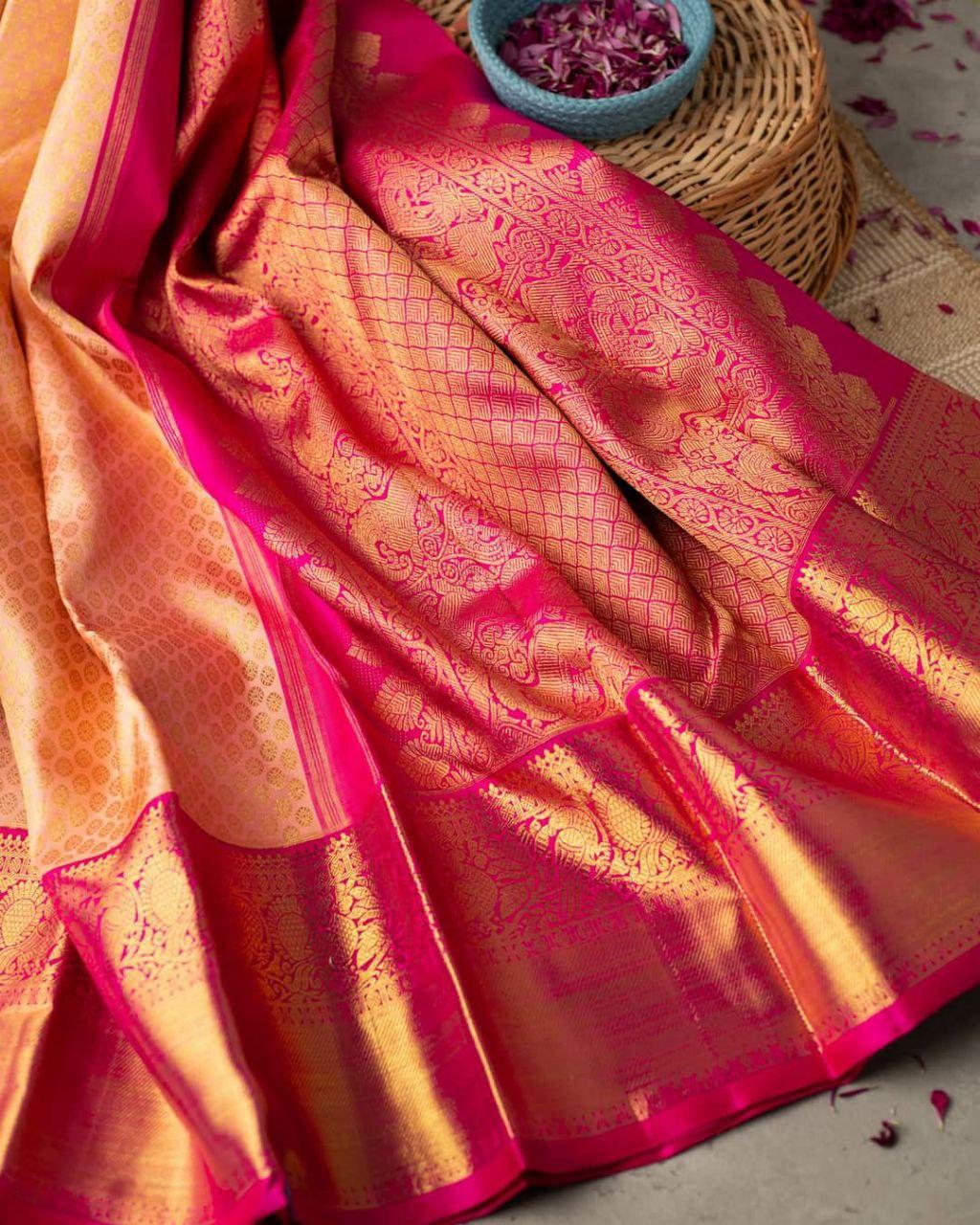 Ravishing Peach Soft Banarasi Silk Saree With Posh Blouse Piece