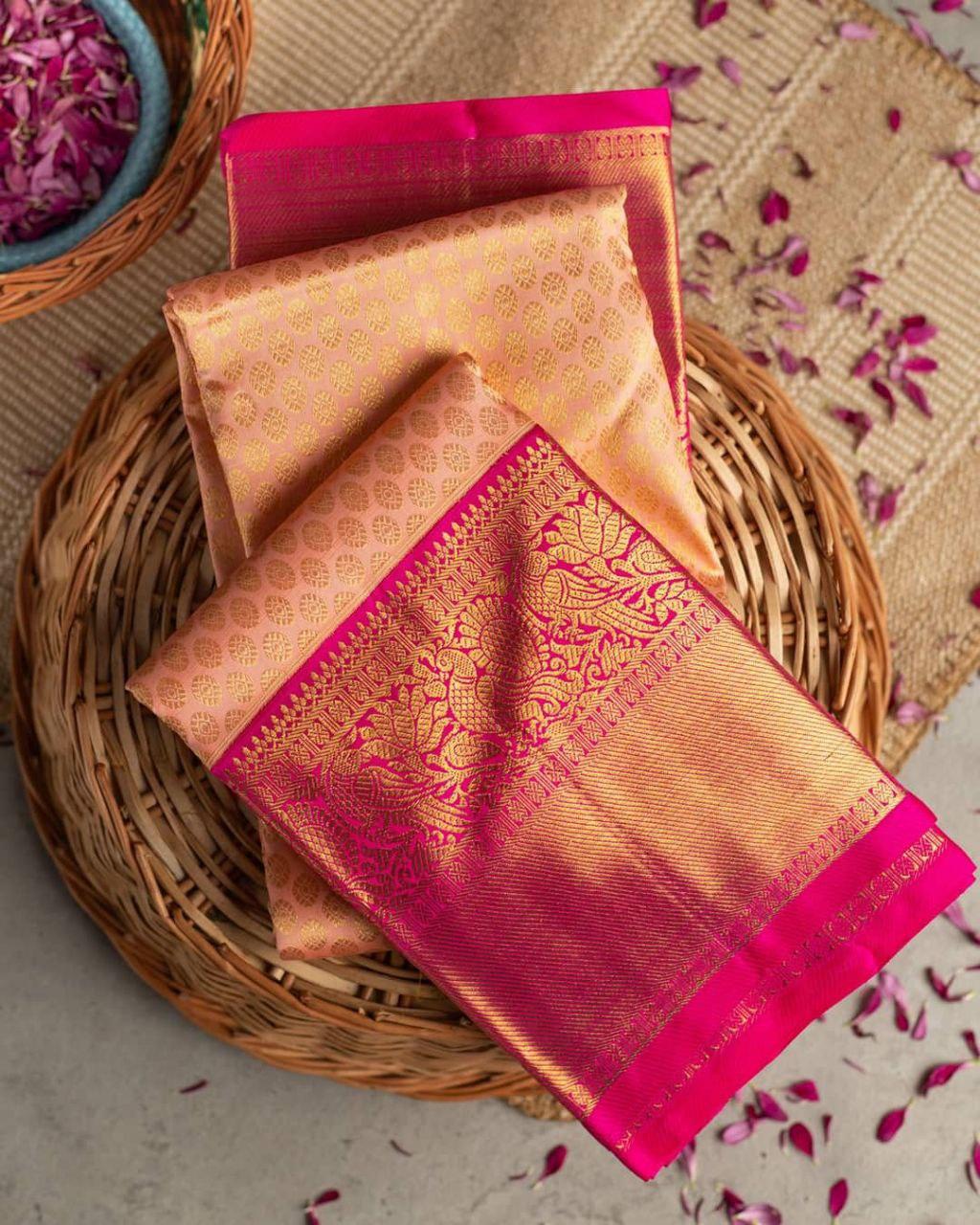 Ravishing Peach Soft Banarasi Silk Saree With Posh Blouse Piece