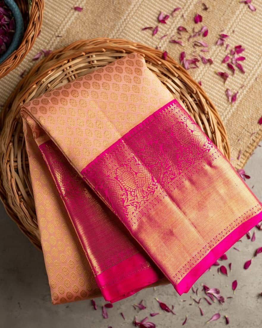 Ravishing Peach Soft Banarasi Silk Saree With Posh Blouse Piece