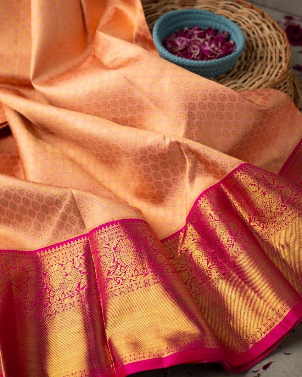 Ravishing Peach Soft Banarasi Silk Saree With Posh Blouse Piece