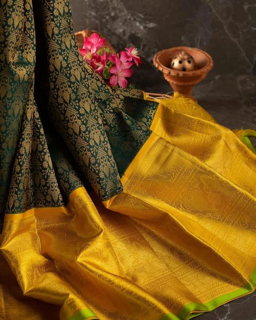 Prodigal Green Soft Banarasi Silk Saree With Adorable Blouse Piece