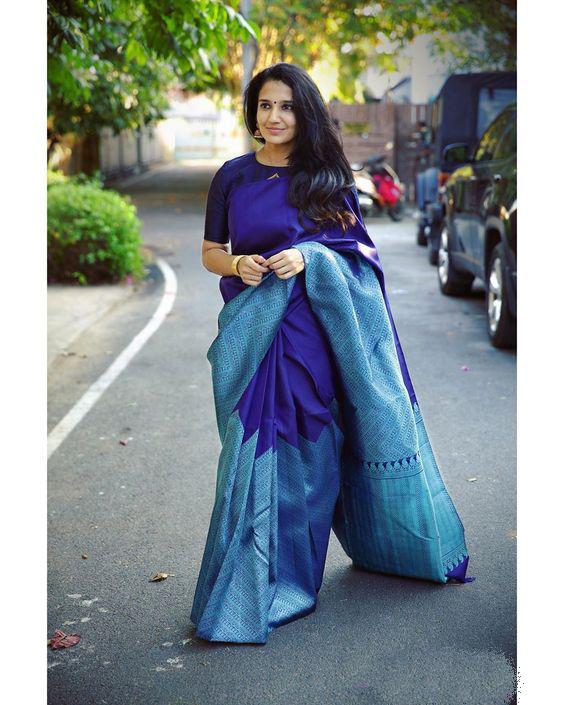 Resonant Blue Soft Silk Saree With Eloquence Blouse Piece