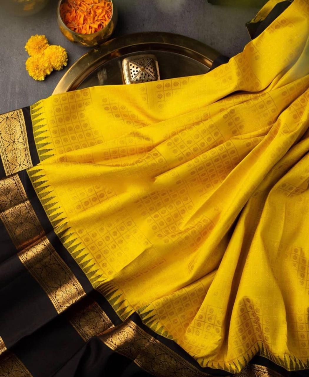 Panache Yellow Soft Banarasi Silk Saree With Glamorous Blouse Piece