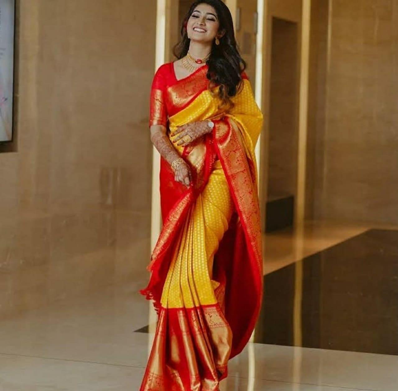 Dalliance Yellow Soft Banarasi Silk Saree With Scintilla Blouse Piece