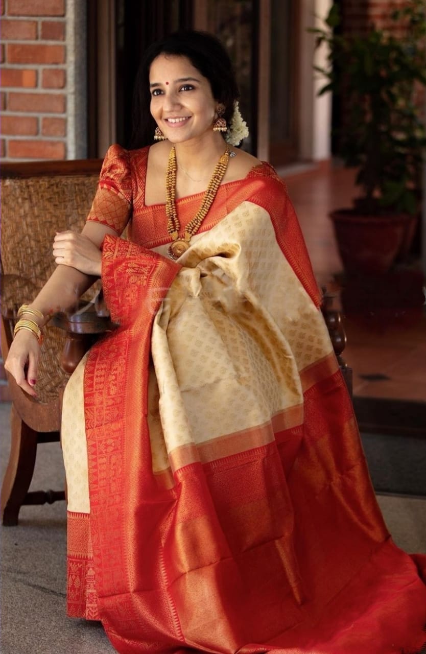 Tremendous Beige Soft Banarasi Silk Saree With Winsome Blouse Piece