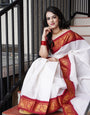 Trendy Off White Soft Banarasi Silk Saree With Demure Blouse Piece