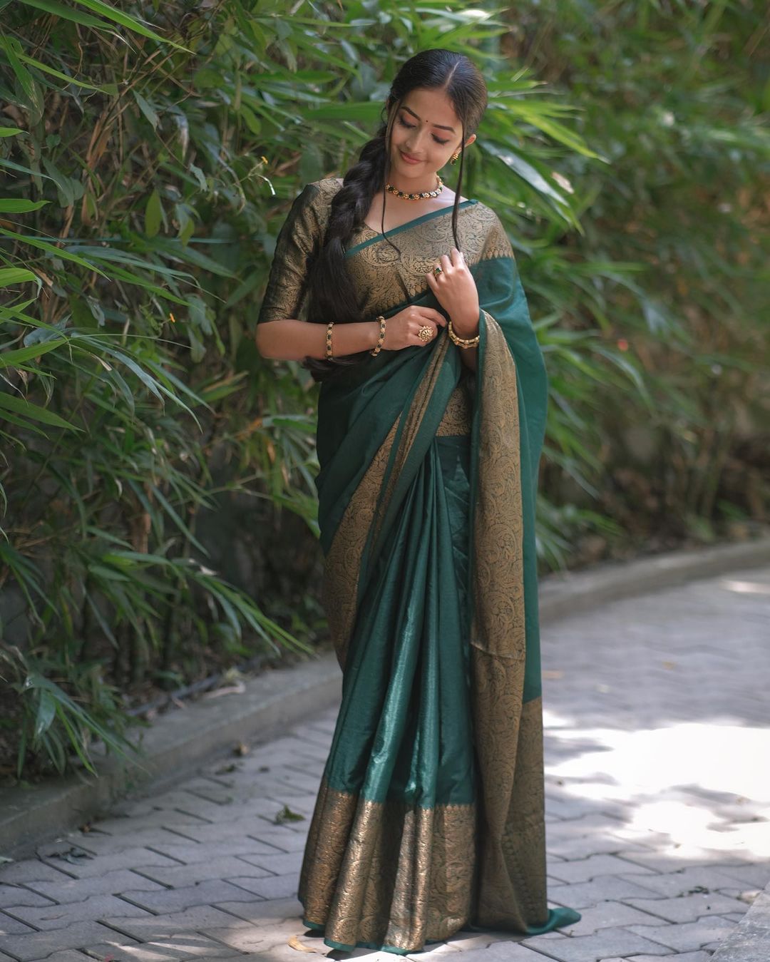 Adorable Dark Green Soft Silk Saree With Epiphany Blouse Piece