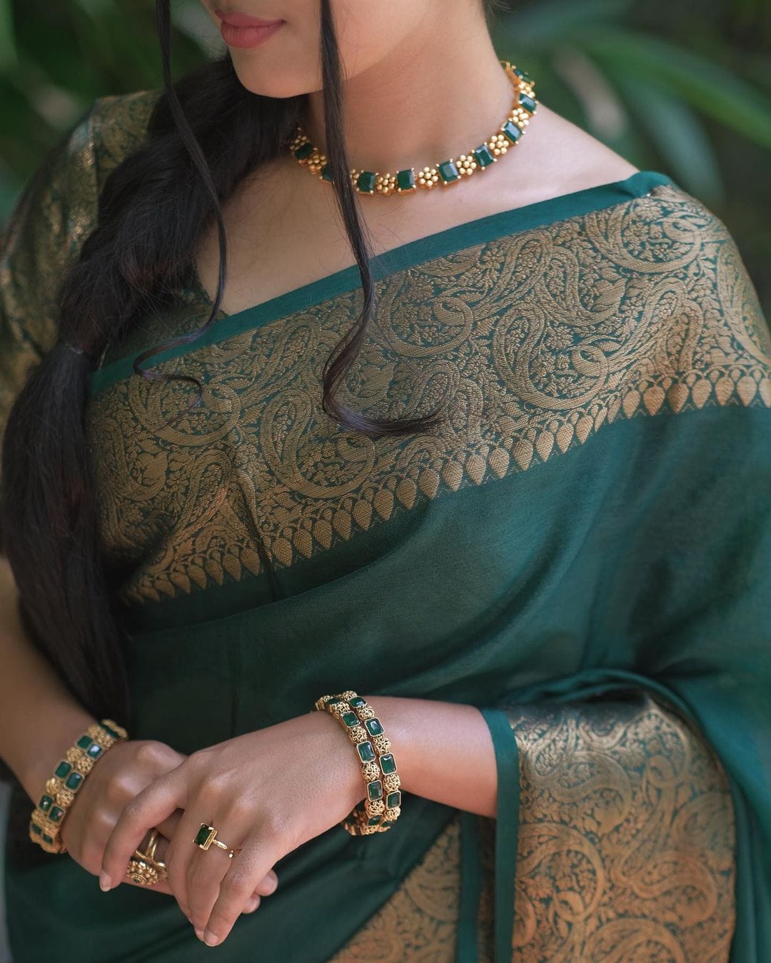 Adorable Dark Green Soft Silk Saree With Epiphany Blouse Piece