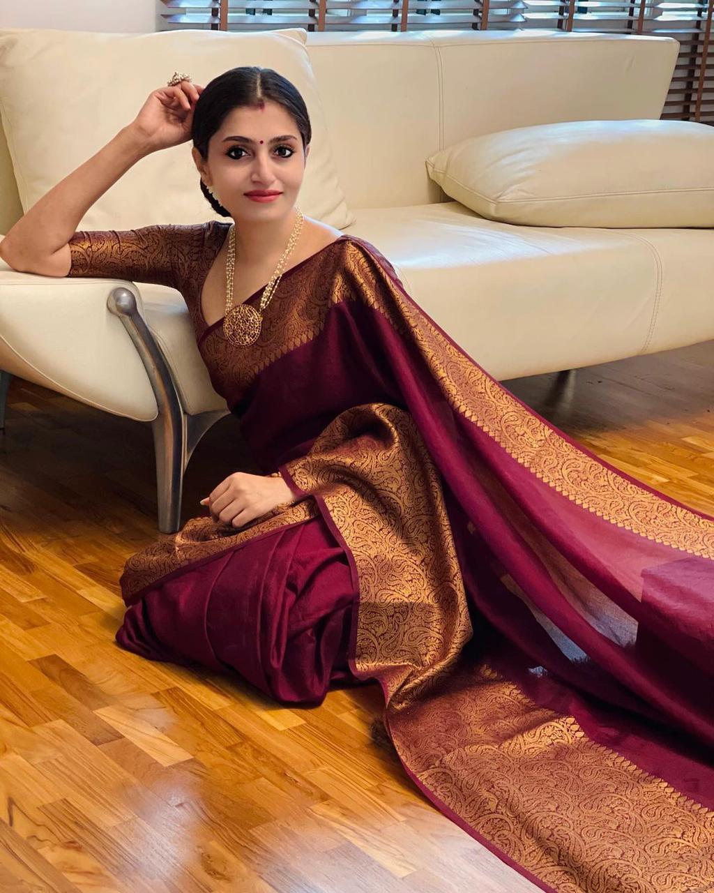 Elision Wine Soft Silk Saree With Ephemeral Blouse Piece