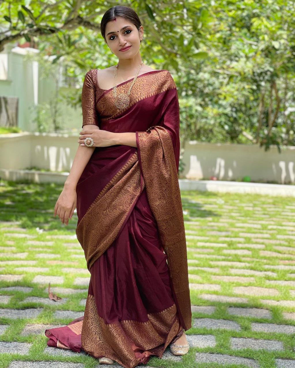 Elision Wine Soft Silk Saree With Ephemeral Blouse Piece