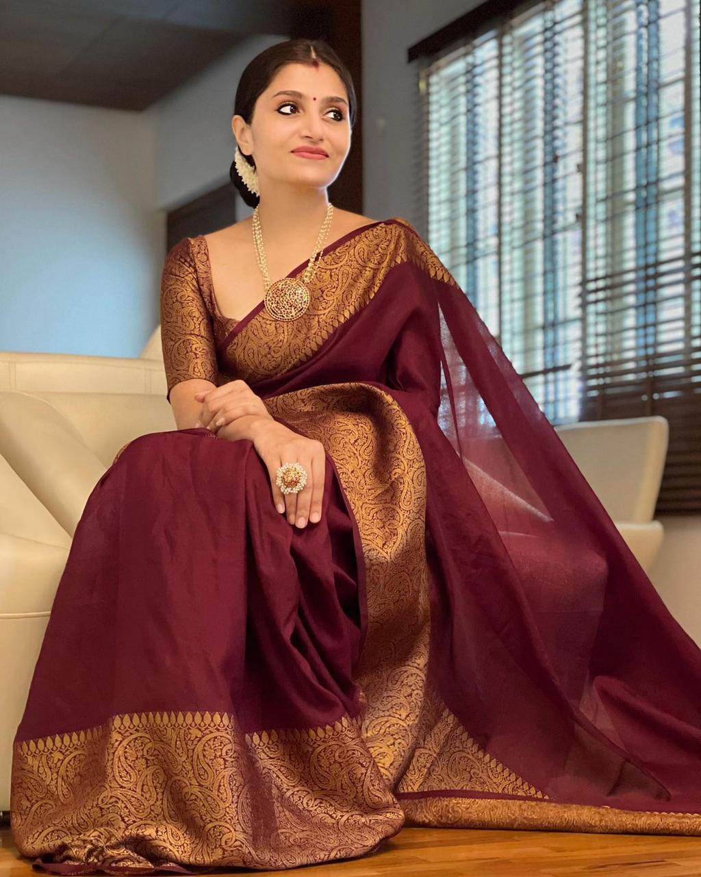 Elision Wine Soft Silk Saree With Ephemeral Blouse Piece