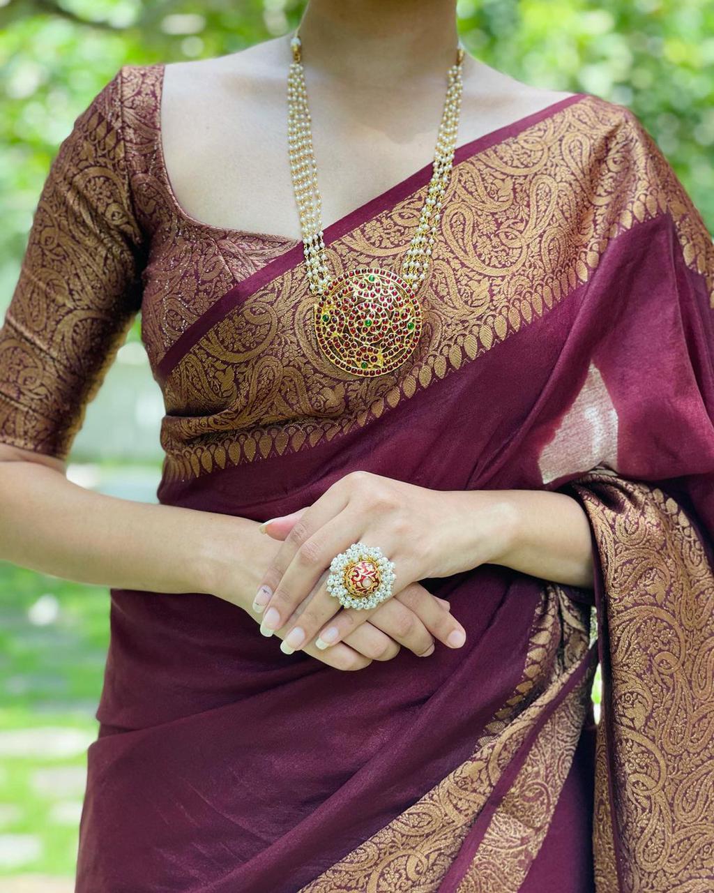 Elision Wine Soft Silk Saree With Ephemeral Blouse Piece