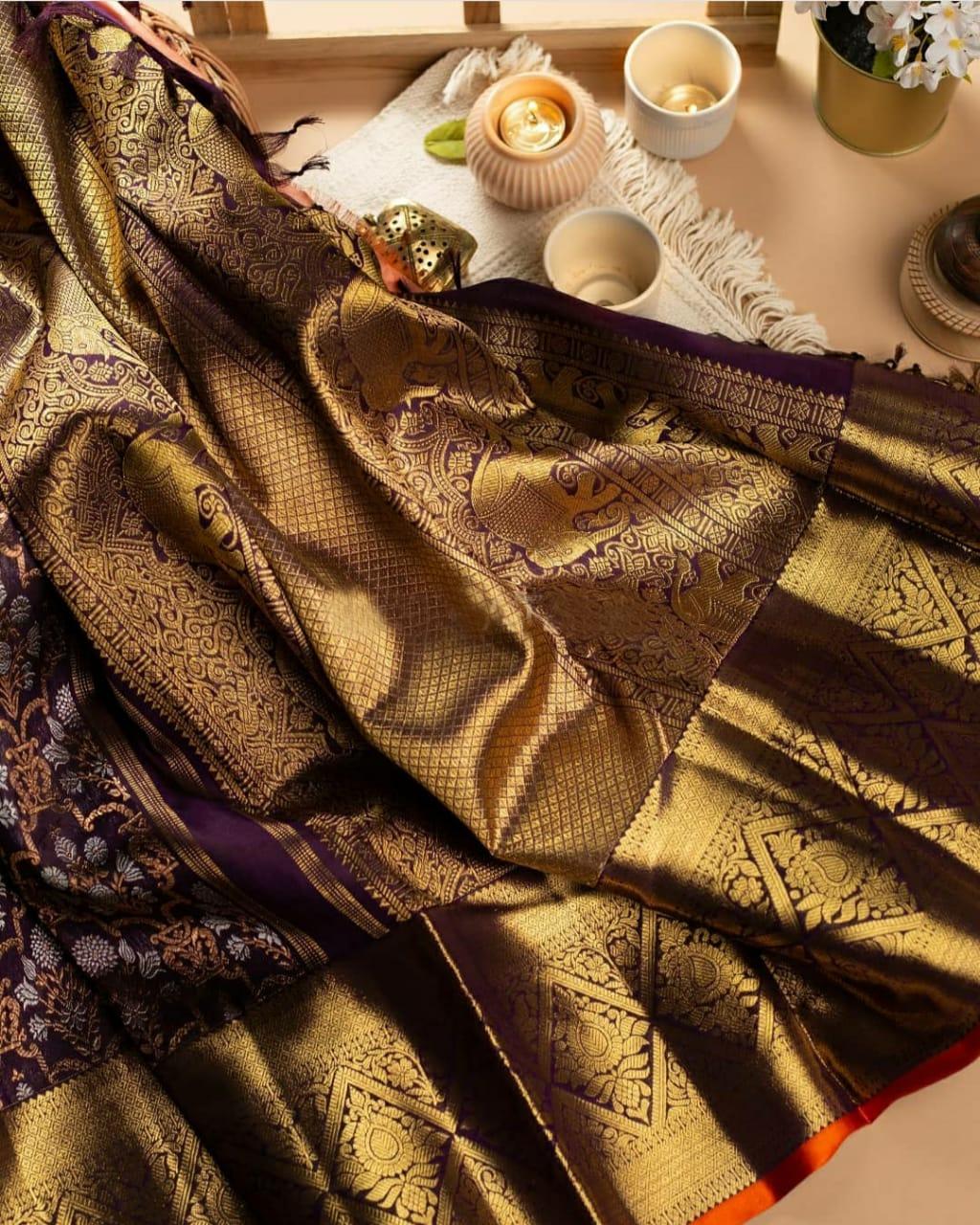 Efflorescence Wine Soft Banarasi Silk Saree With Demesne Blouse Piece