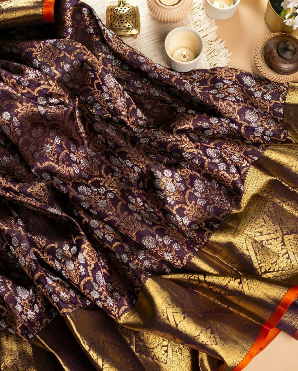 Efflorescence Wine Soft Banarasi Silk Saree With Demesne Blouse Piece