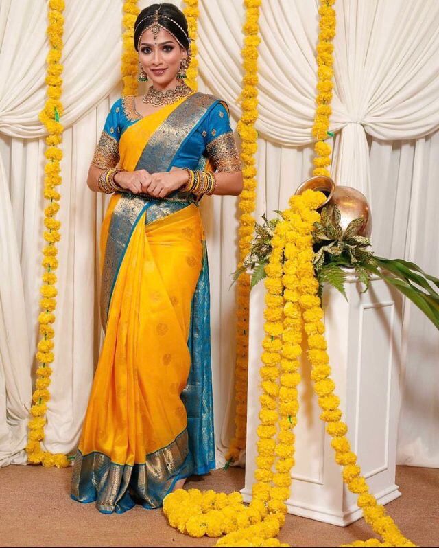 Fancifull Yellow Soft Banarasi Silk Saree With Precious Blouse Piece