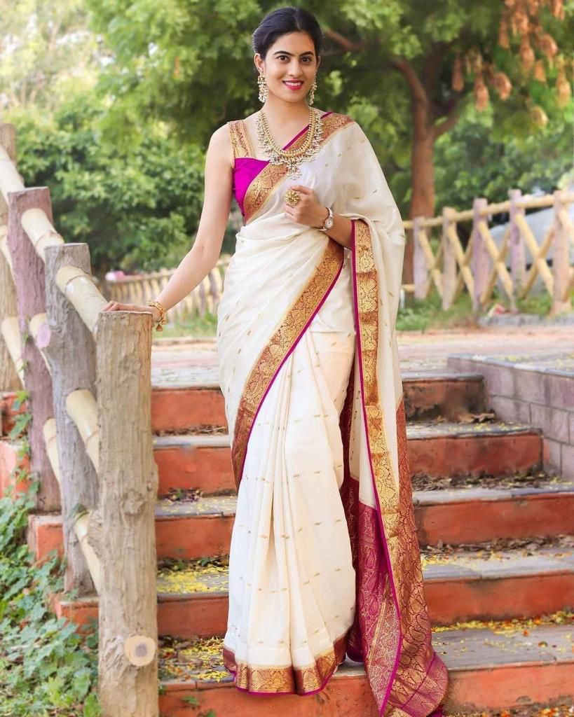 Snazzy Off White Soft Silk Saree With Wonderful Blouse Piece