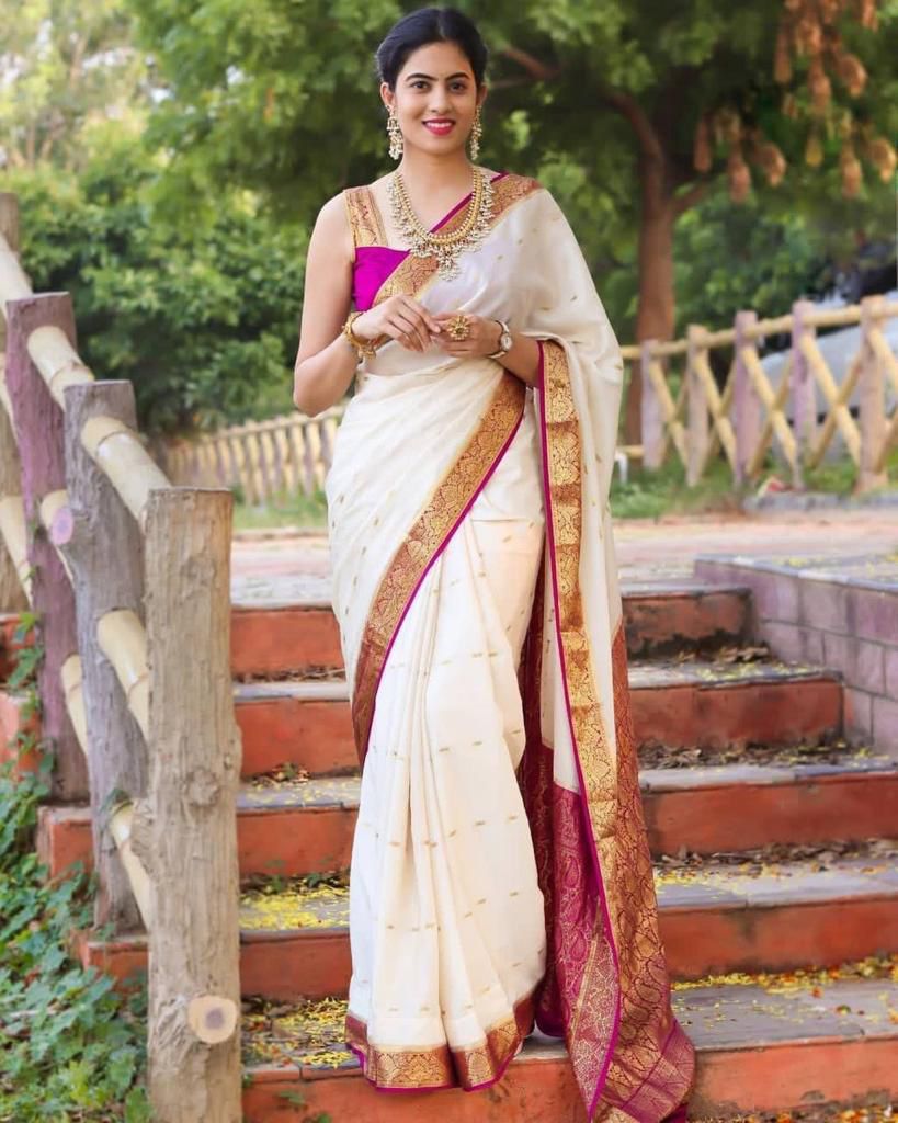 Snazzy Off White Soft Silk Saree With Wonderful Blouse Piece