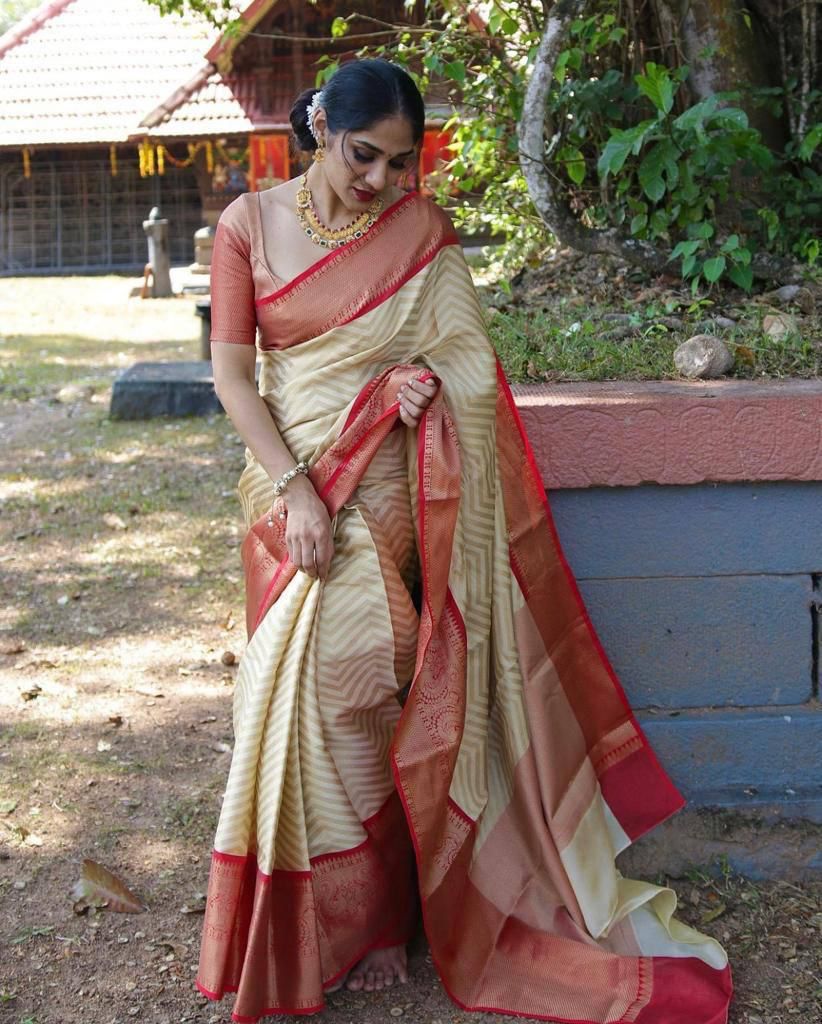 Adoring Beige Soft Banarasi Silk Saree With Fugacious Blouse Piece