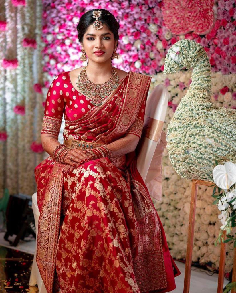 Radiant Red Soft Banarasi Silk Saree With Gleaming Blouse Piece