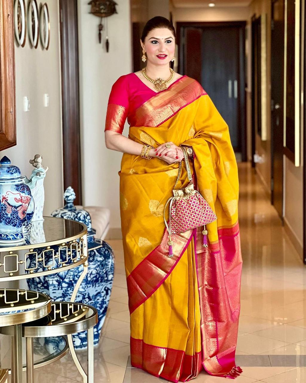 Diaphanous Yellow Soft Banarasi Silk Saree With Moiety Blouse Piece