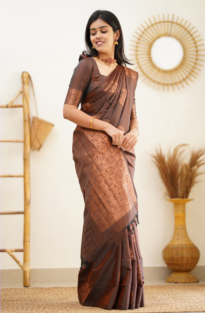 Proficient Brown Soft Silk Saree With Majesty Blouse Piece