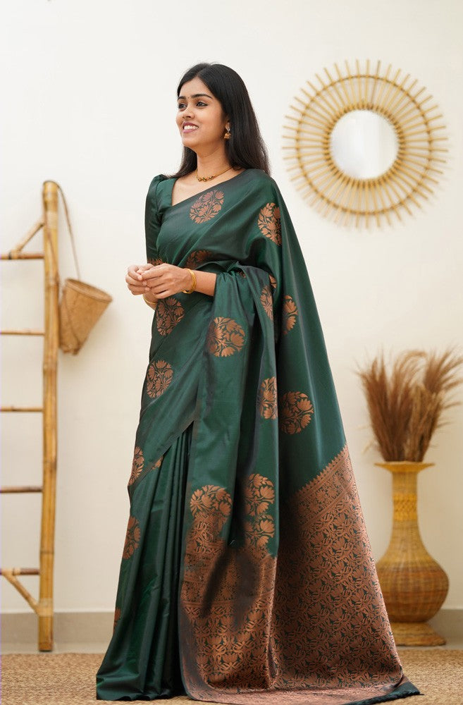 Rhapsodic Dark Green Soft Silk Saree With Redolent Blouse Piece