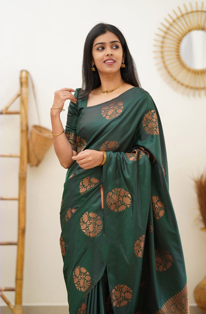 Rhapsodic Dark Green Soft Silk Saree With Redolent Blouse Piece