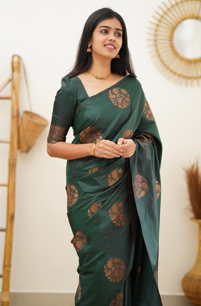 Rhapsodic Dark Green Soft Silk Saree With Redolent Blouse Piece