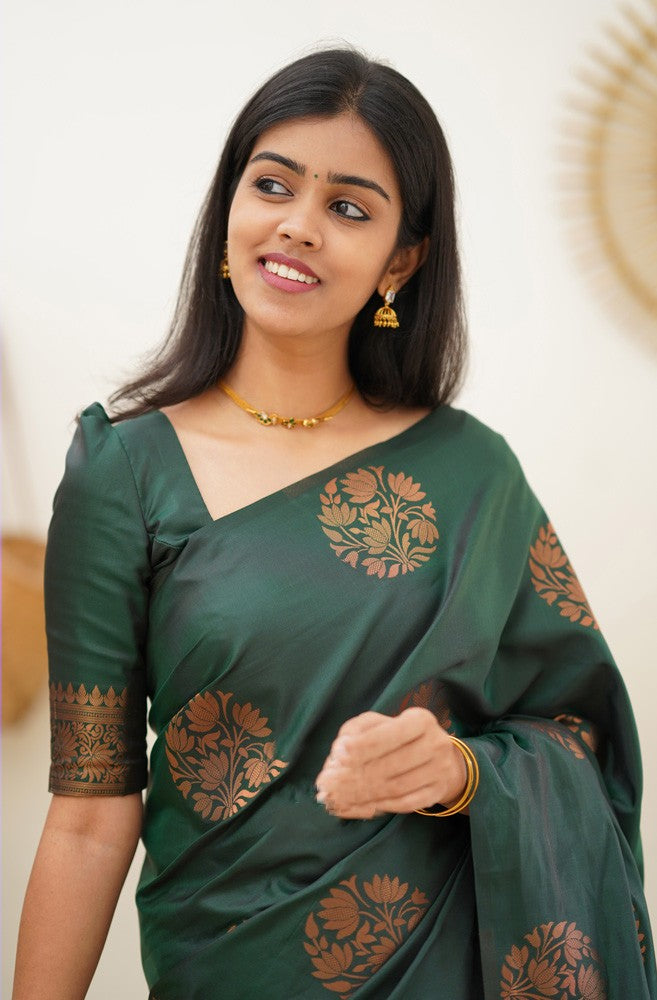 Rhapsodic Dark Green Soft Silk Saree With Redolent Blouse Piece