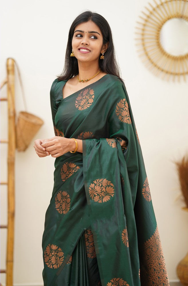 Rhapsodic Dark Green Soft Silk Saree With Redolent Blouse Piece