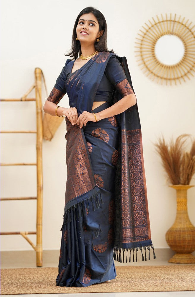 Cynosure Navy Blue Soft Silk Saree With Conflate Blouse Piece