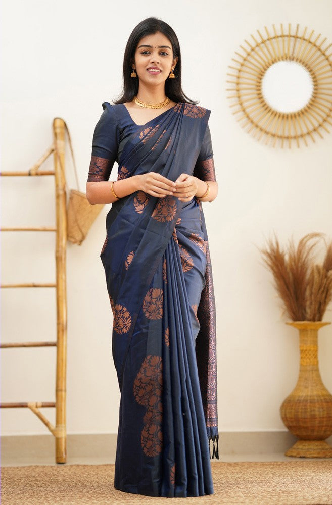 Cynosure Navy Blue Soft Silk Saree With Conflate Blouse Piece