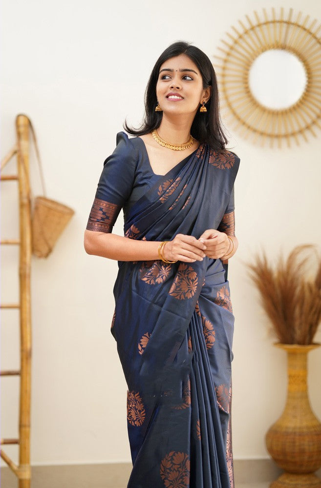 Cynosure Navy Blue Soft Silk Saree With Conflate Blouse Piece