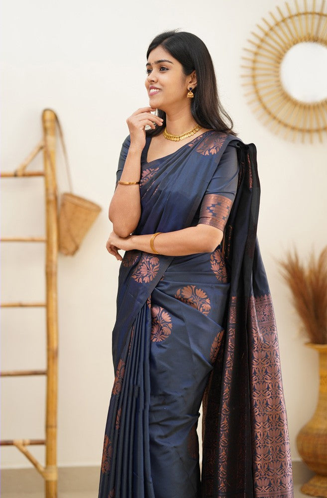 Cynosure Navy Blue Soft Silk Saree With Conflate Blouse Piece