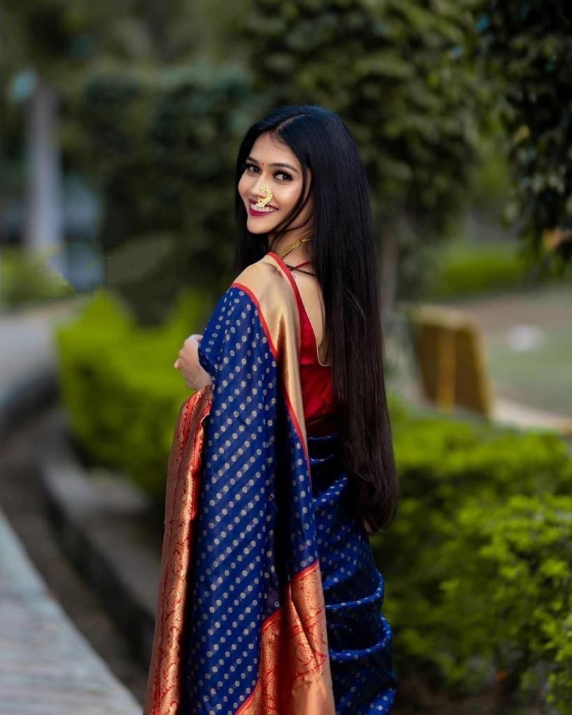 Charming Royal Blue Soft Banarasi Silk Saree With Demure Blouse Piece