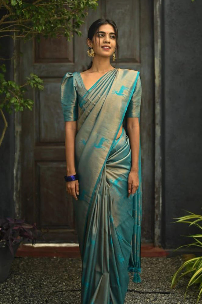 Woebegone Sky Soft Silk Saree With Glowing Blouse Piece