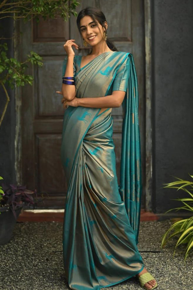 Woebegone Sky Soft Silk Saree With Glowing Blouse Piece