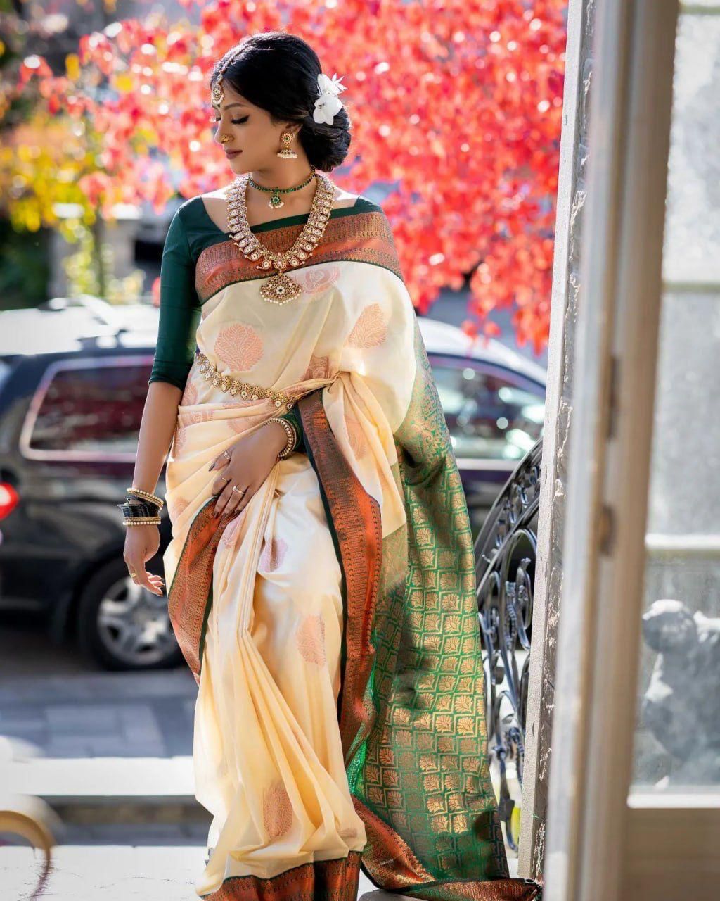 Classy Beige Soft Silk Saree With Impressive Blouse Piece